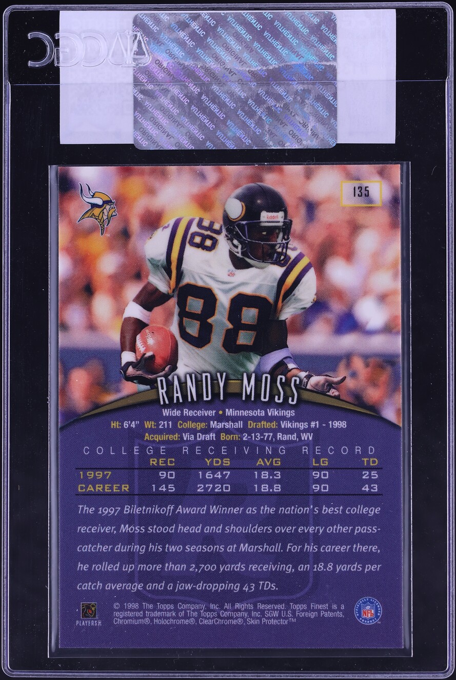 1998 Finest Football w/ Coating Randy Moss #135 CGC AUTH