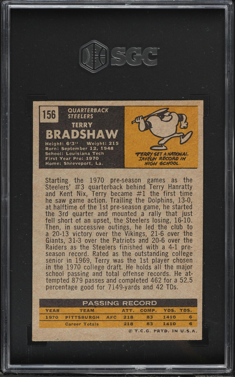 1971 Topps Football Terry Bradshaw ROOKIE #156 SGC 4.5 VGEX+
