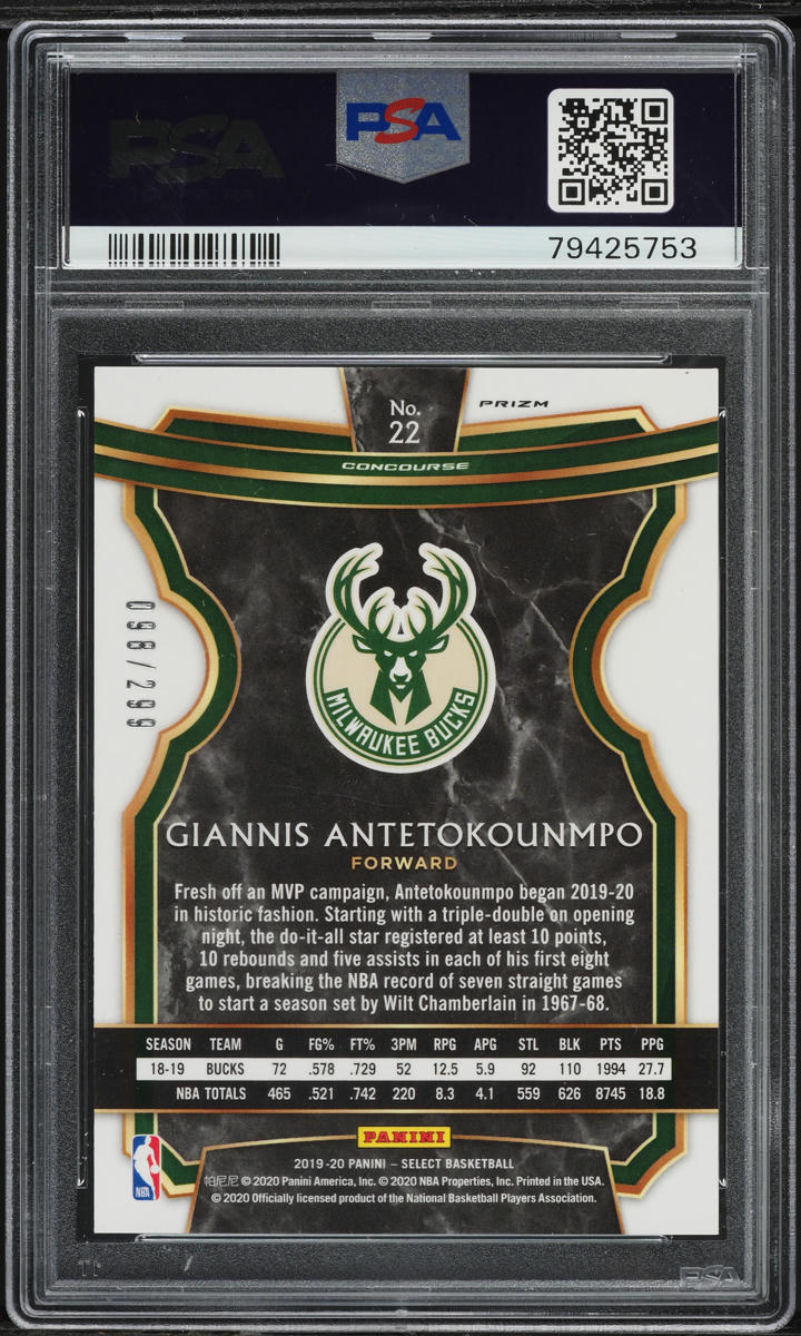2019 Select Concourse Light Blue Prizm Giannis Antetokounmpo /299 #22 PSA 10 GEM