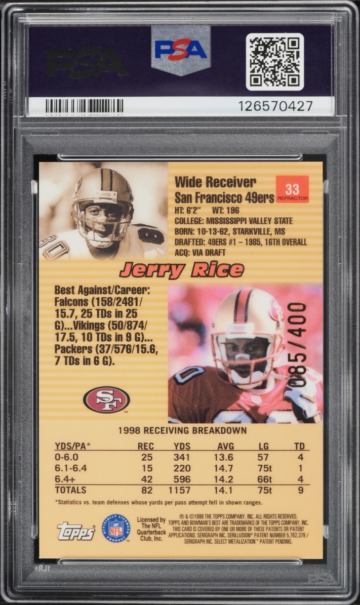 1999 Bowman's Best Refractor Jerry Rice /400 #33 PSA 10 GEM MINT