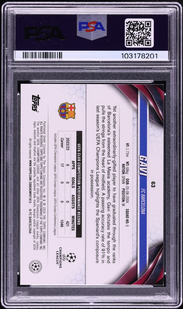 2023 Topps Chrome UEFA Club Competitions Gold Refractor Gavi /50 #63 PSA 9 MINT