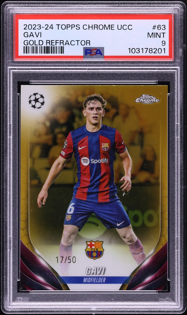 2023 Topps Chrome UEFA Club Competitions Gold Refractor Gavi /50 #63 PSA 9 MINT