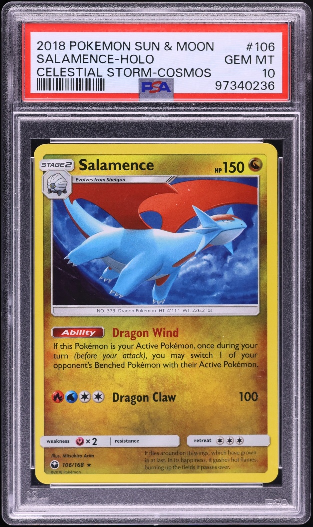 2018 Pokemon Sun & Moon Celestial Storm Cosmos Holo Salamence #106 PSA 10 GEM MINT