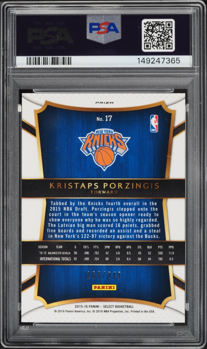 2015 Select Blue Prizm Kristaps Porzingis ROOKIE /249 #17 PSA 10 GEM MINT