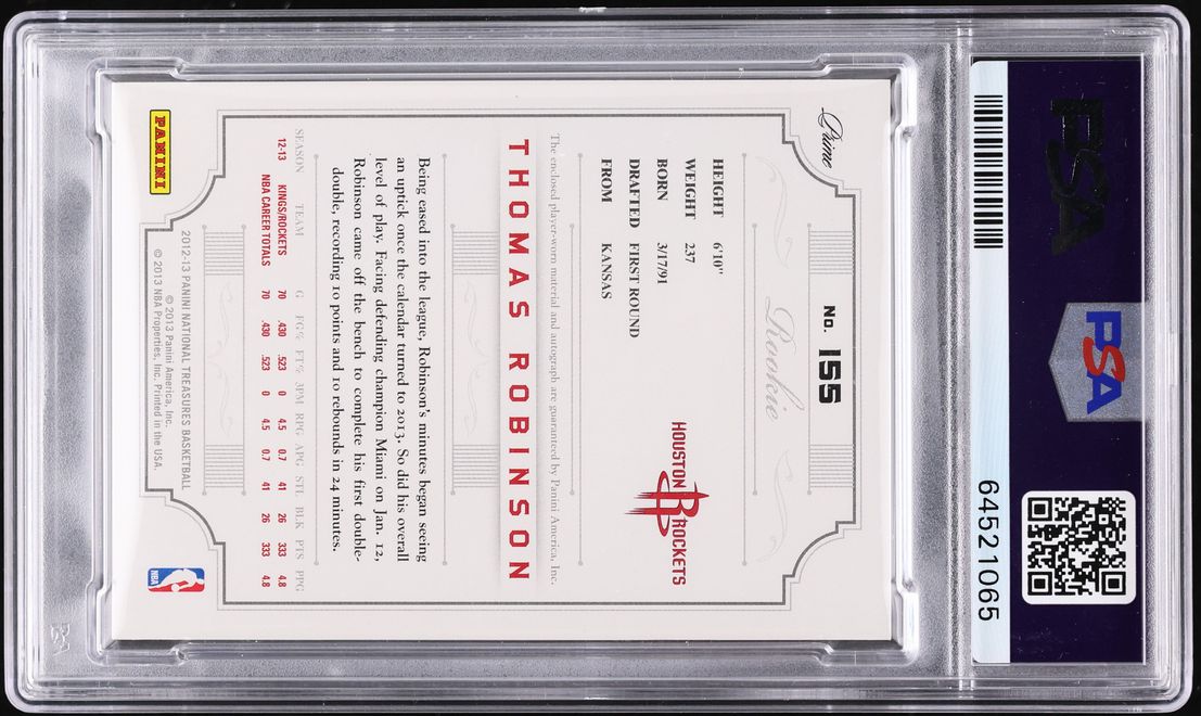 2012 National Treasures Logoman Thomas Robinson ROOKIE PATCH AUTO 1/1 #155 PSA 10 GEM MINT - Photo 2