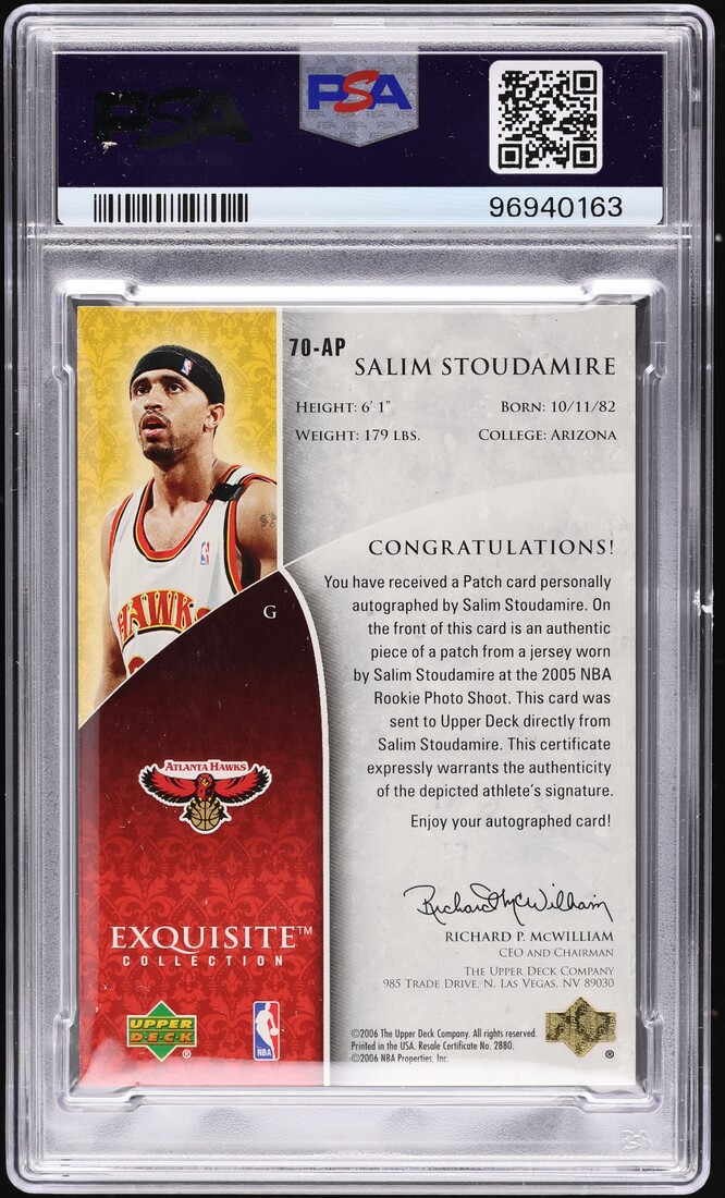 2005 Exquisite Collection Gold Salim Stoudamire ROOKIE PATCH AUTO 20/20 #70-AP PSA 10 GEM MINT - Photo 2