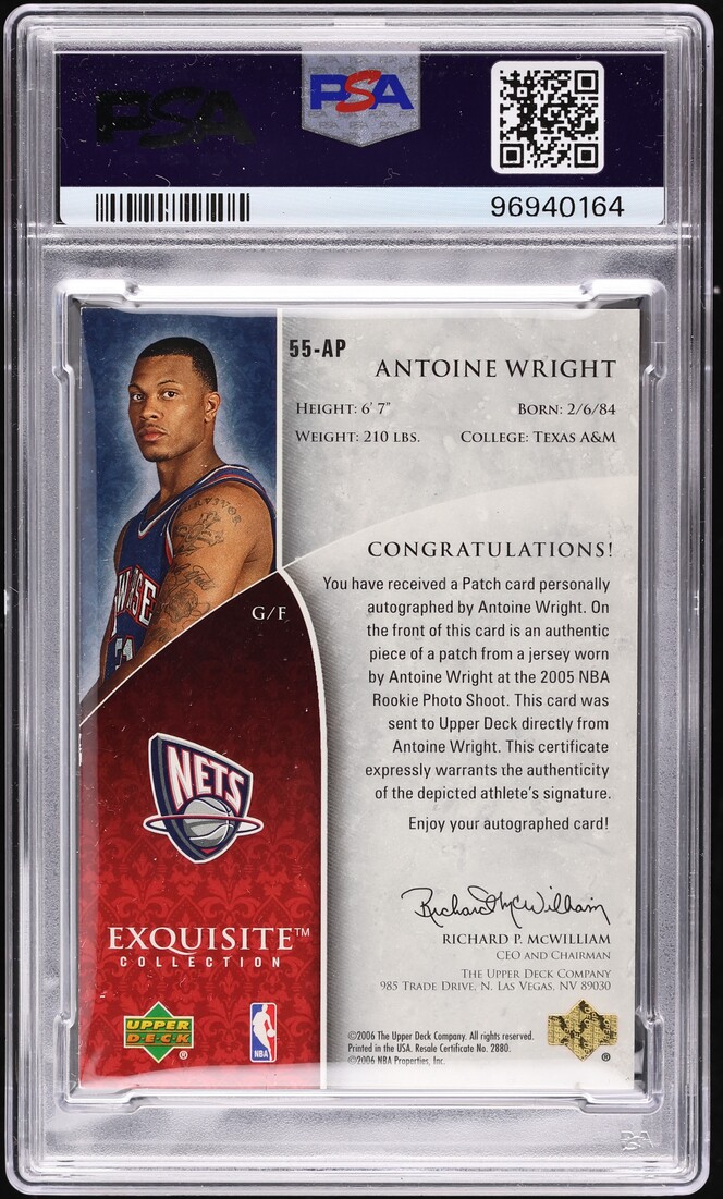 2005 Exquisite Collection Gold Antoine Wright ROOKIE PATCH AUTO 21/21 #55-AP PSA 8 NM-MT - Photo 2