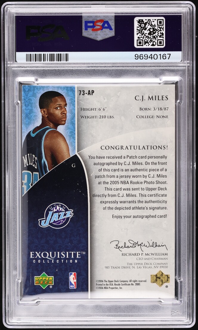 2005 Exquisite Collection Gold C.J. Miles ROOKIE PATCH AUTO 34/34 #73-AP PSA 9 MINT - Photo 2
