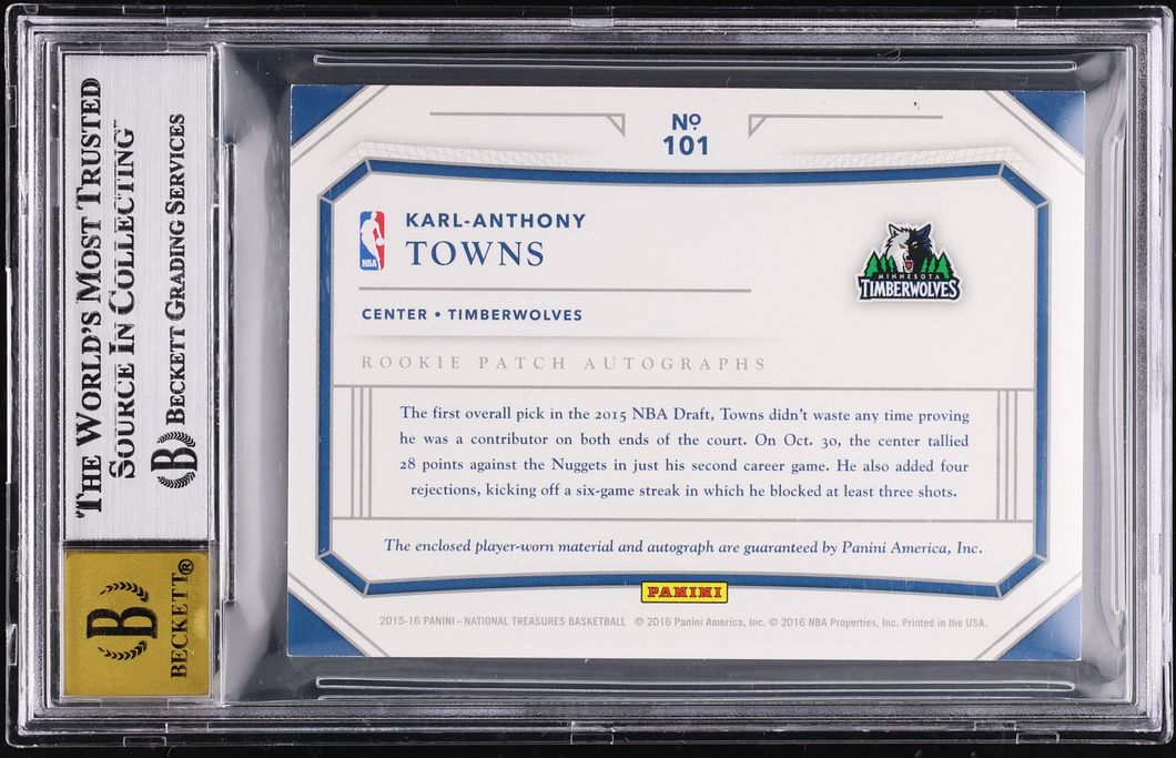 2015 National Treasures Gold Karl-Anthony Towns ROOKIE PATCH AUTO /10 #101 BGS 7.5 NRMT+ - Photo 2
