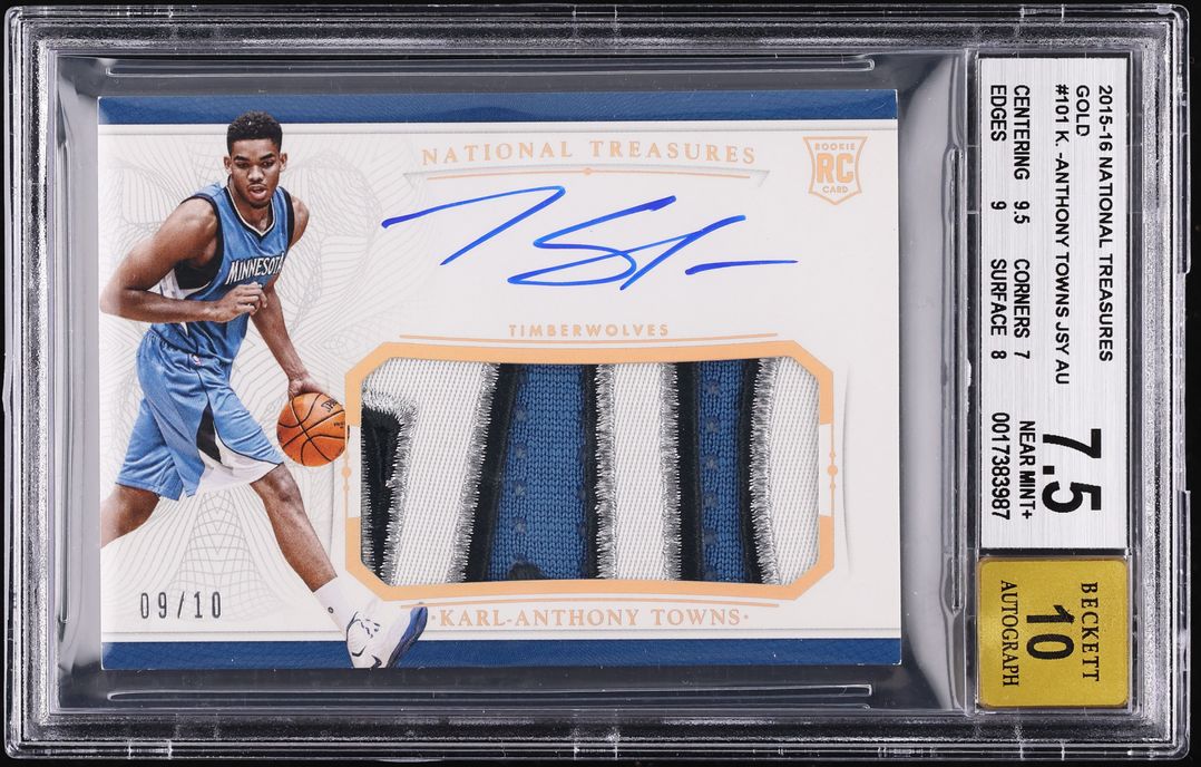 2015 National Treasures Gold Karl-Anthony Towns ROOKIE PATCH AUTO /10 #101 BGS 7.5 NRMT+ - Photo 1