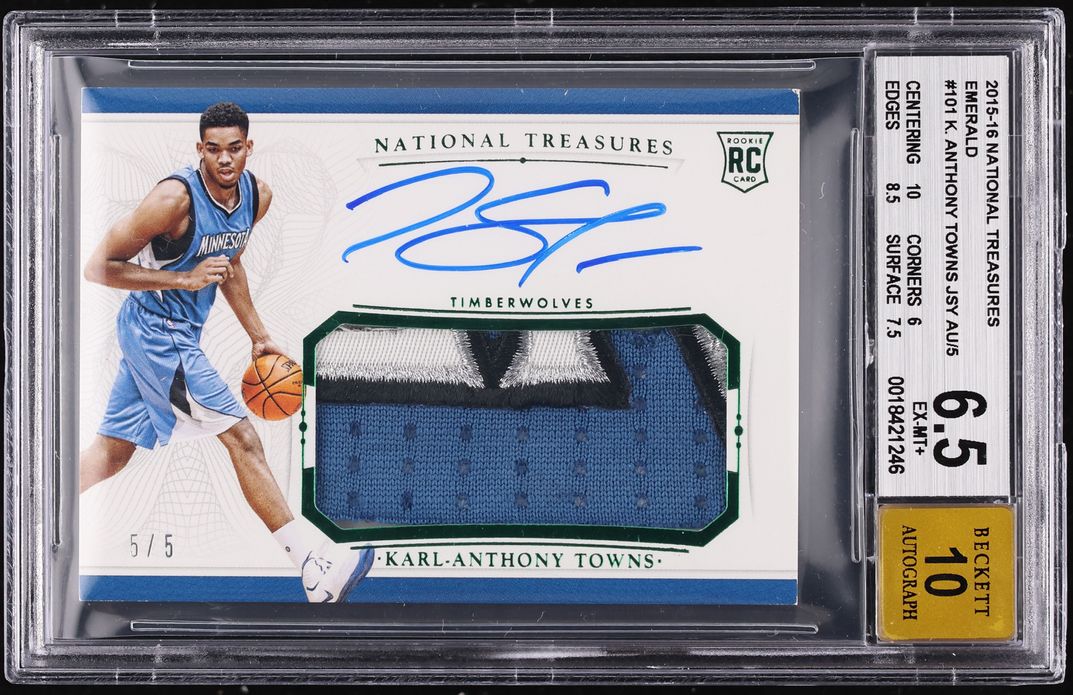 2015 National Treasures Karl-Anthony Towns ROOKIE PATCH AUTO 5/5 #101 BGS 6.5 EXMT+ - Photo 1