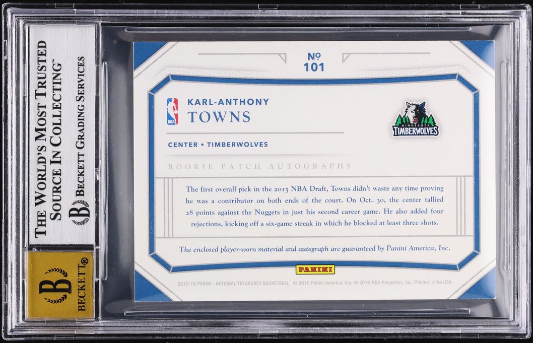 2015 National Treasures Karl-Anthony Towns ROOKIE PATCH AUTO 5/5 #101 BGS 6.5 EXMT+ - Photo 2