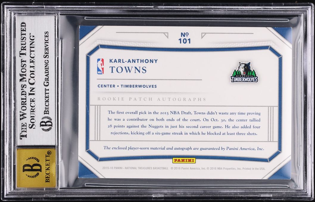 2015 National Treasures Gold Karl-Anthony Towns ROOKIE PATCH AUTO 1/10 #101 BGS 7.5 NRMT+ - Photo 2