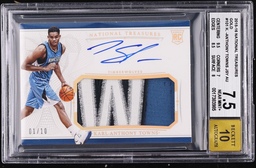 2015 National Treasures Gold Karl-Anthony Towns ROOKIE PATCH AUTO 1/10 #101 BGS 7.5 NRMT+ - Photo 1