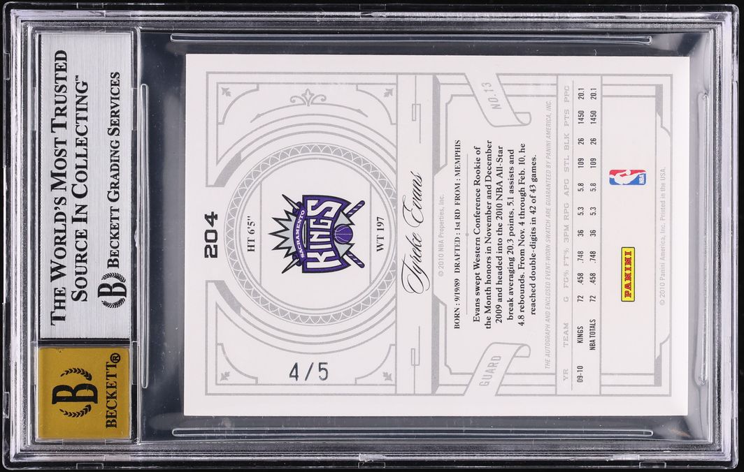 2009 National Treasures Platinum Tyreke Evans ROOKIE PATCH AUTO /5 #204 BGS 9 MINT - Photo 2