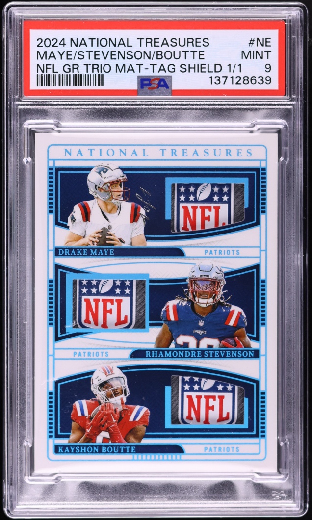 2024 National Treasures NFL Gear Trio Materials Stevenson Boutte Maye RC SHIELD PATCH 1/1 PSA 9