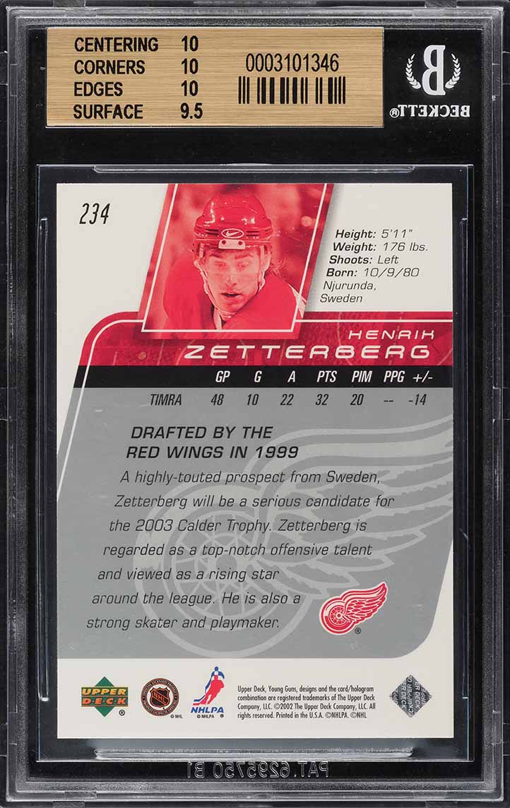 2002 Upper Deck Young Guns Henrik Zetterberg ROOKIE #234 BGS 10 PRISTINE