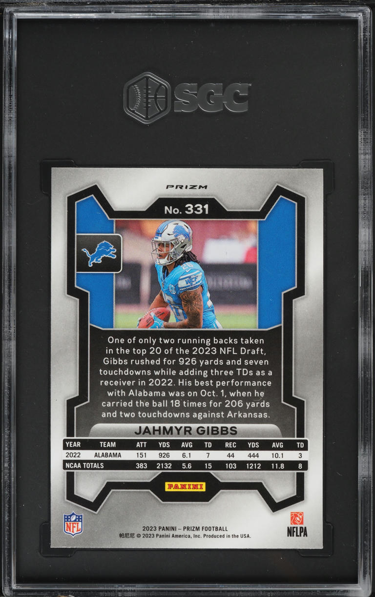 2023 Panini Prizm Disco Jahmyr Gibbs ROOKIE #331 SGC 10 GEM MINT