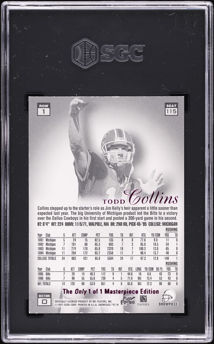 1997 Flair Showcase Row 1 Masterpiece Todd Collins 1/1 #115 SGC AUTH