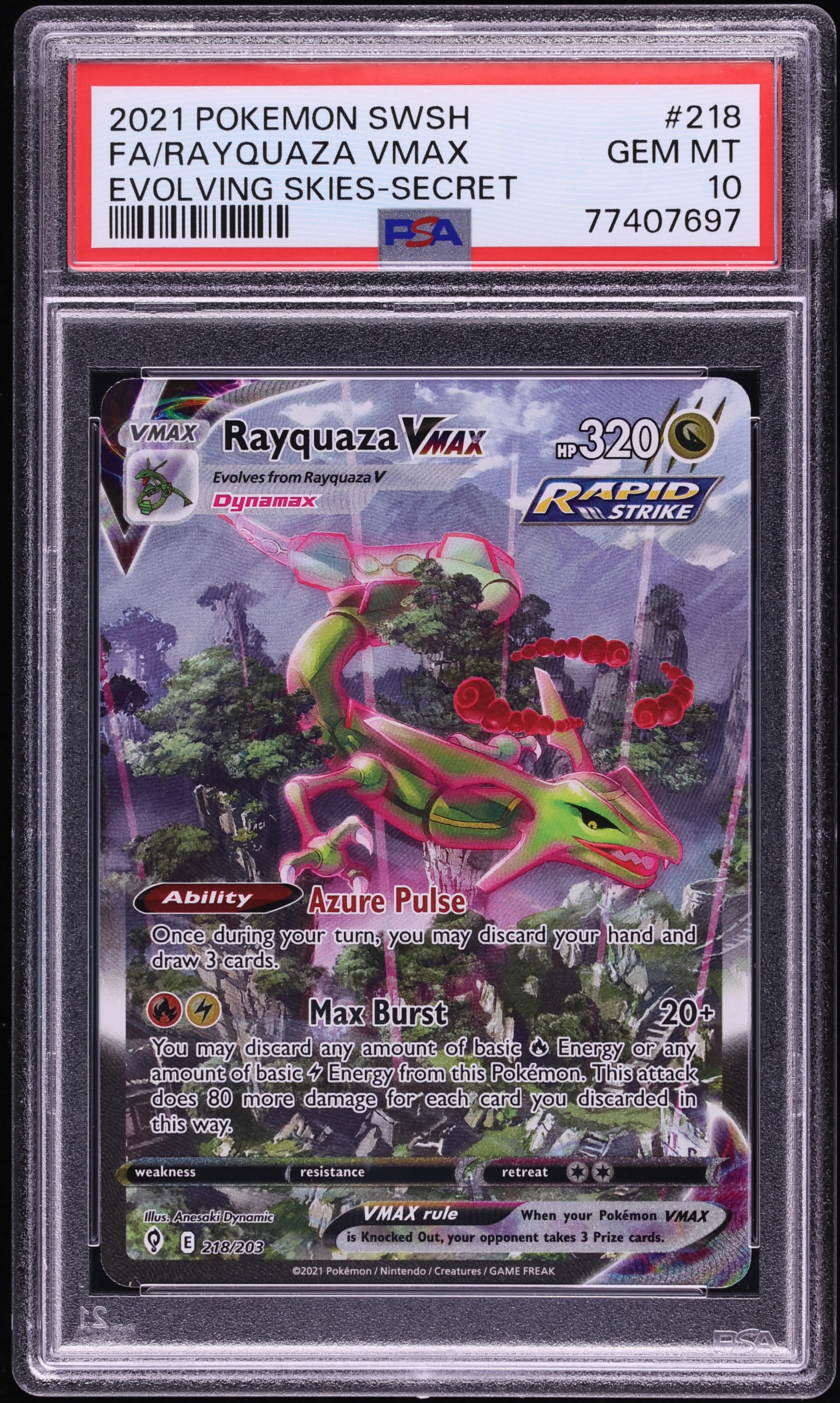 2021 Pokemon Sword & Shield Evolving Skies Alt Art Rayquaza VMAX #218 PSA 10 GEM MINT