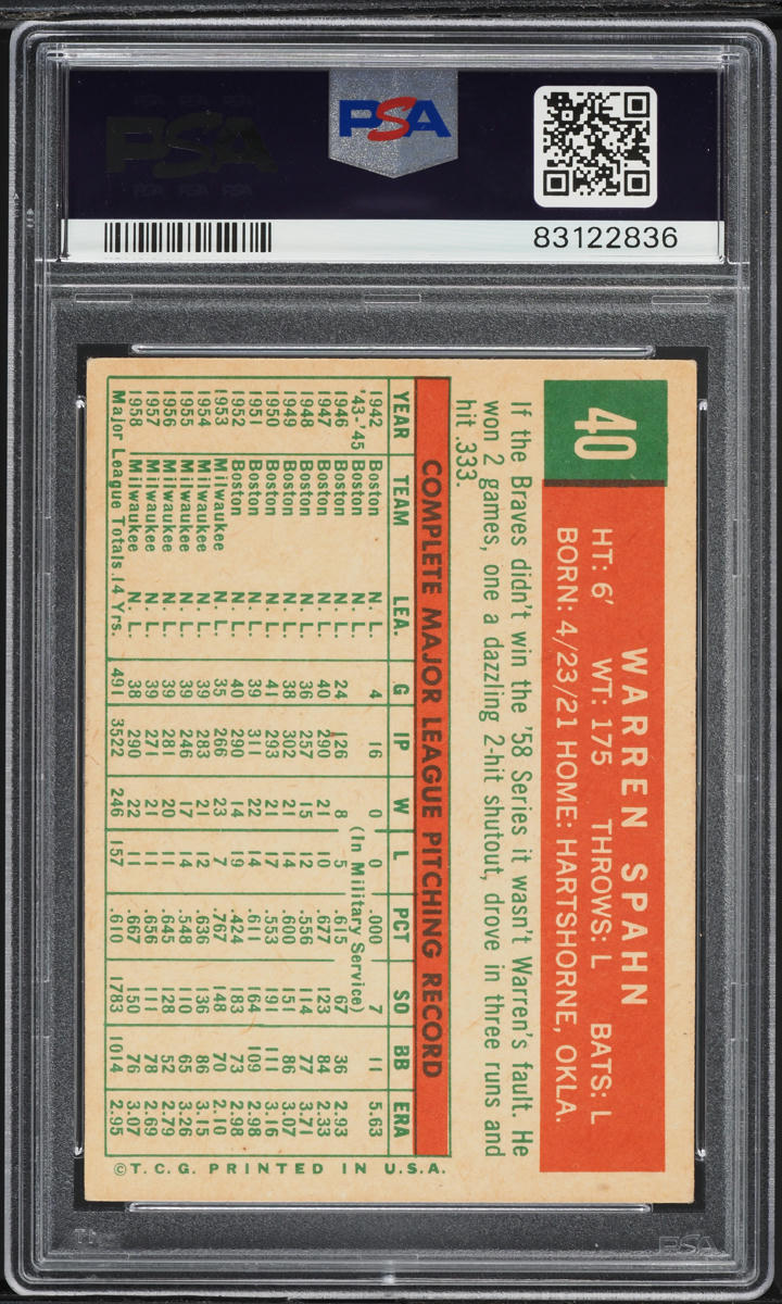 1959 Topps Warren Spahn BORN IN 1921 #40 PSA 3 VG