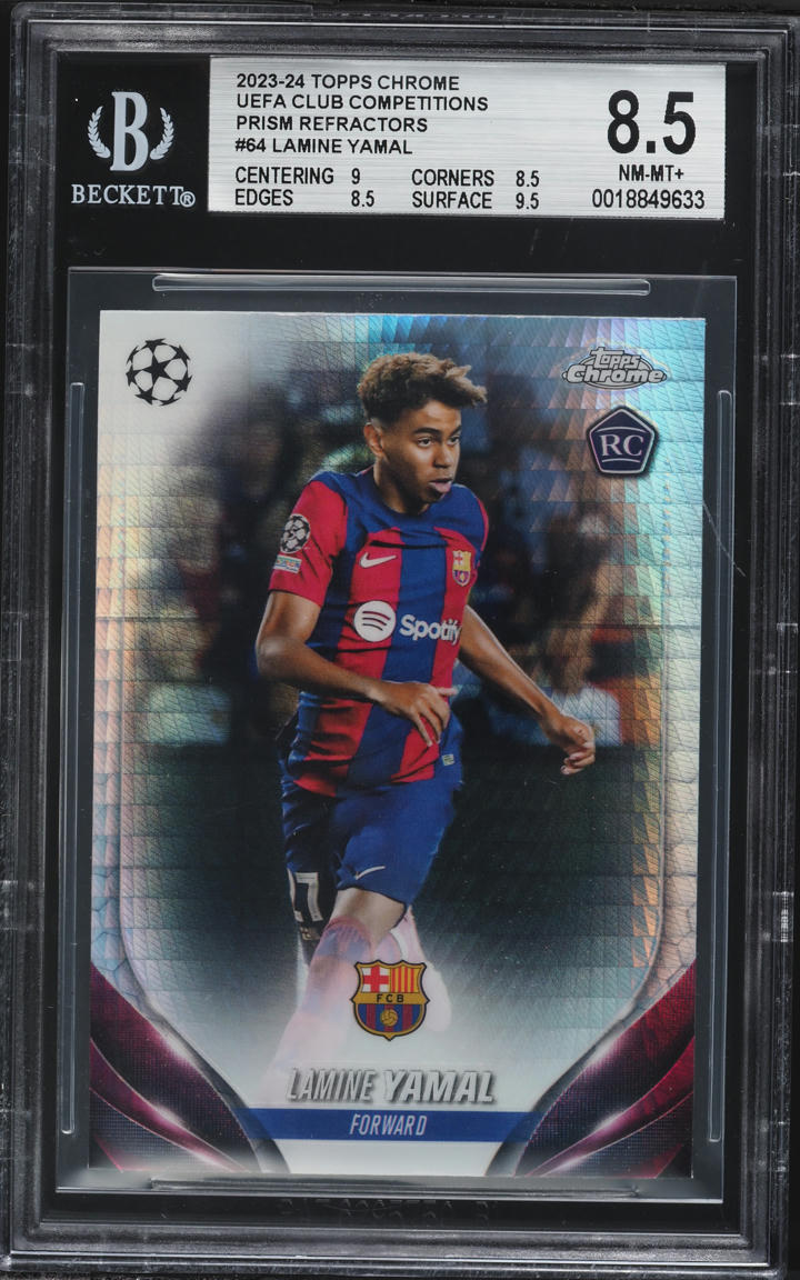 2023 Topps Chrome UEFA Champions League Prism Refractor Lamine Yamal ROOKIE #64 BGS 8.5 NM-MT+