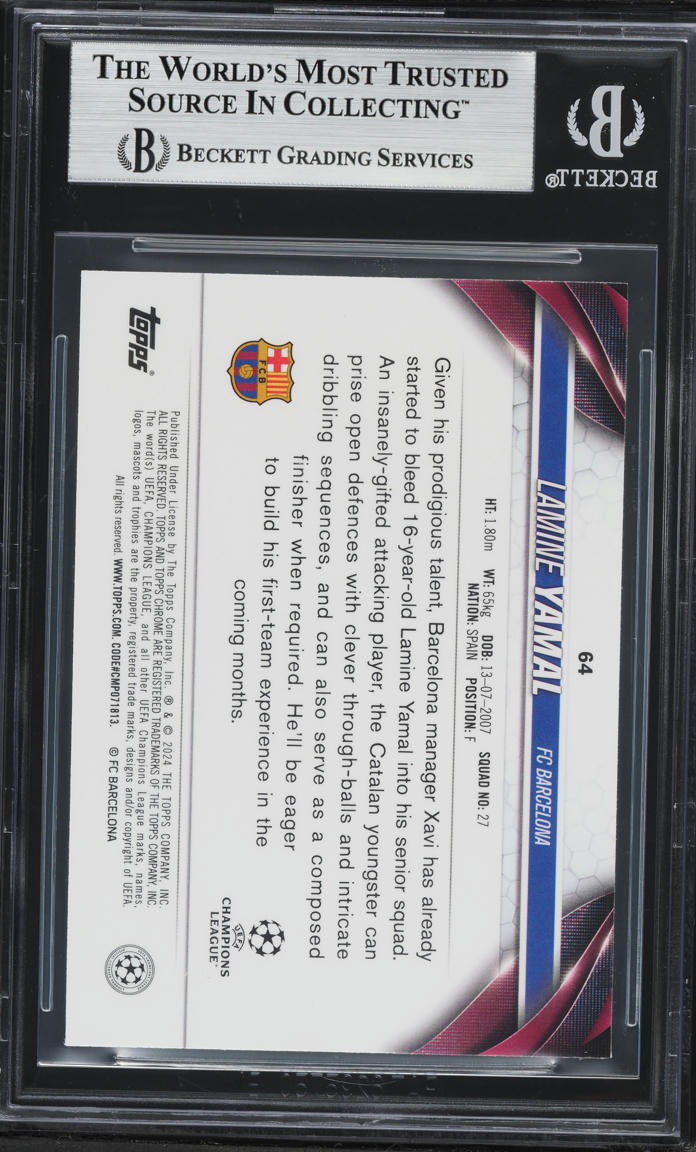 2023 Topps Chrome UEFA Champions League Prism Refractor Lamine Yamal ROOKIE #64 BGS 8.5 NM-MT+