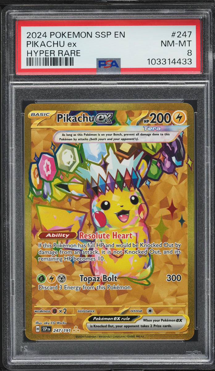 2024 Pokemon SV Surging Sparks Gold Rare Pikachu ex #247 PSA 8 NM-MT