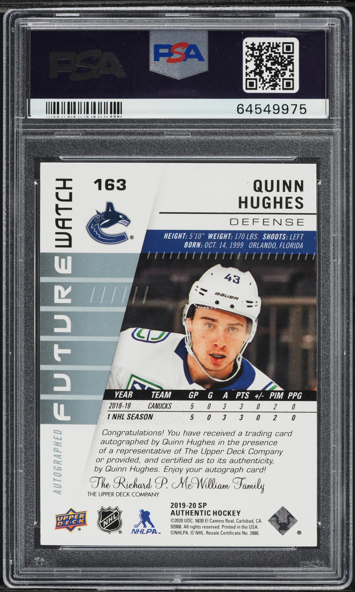 2019 SP Authentic Quinn Hughes ROOKIE AUTO /999 #163 PSA 9 MINT