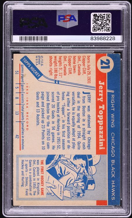 1954 Topps Hockey Jerry Toppazzini #21 PSA 4 VGEX