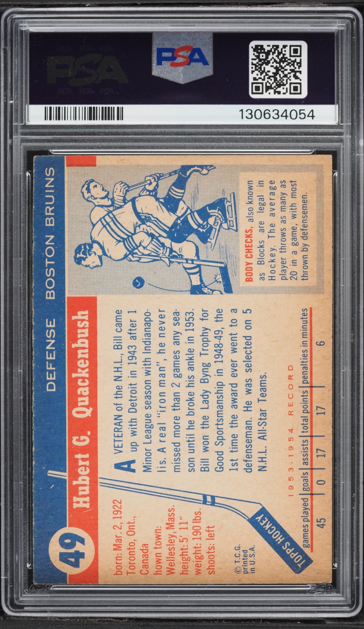 1954 Topps Hockey Bill Quackenbush #49 PSA 5 EX