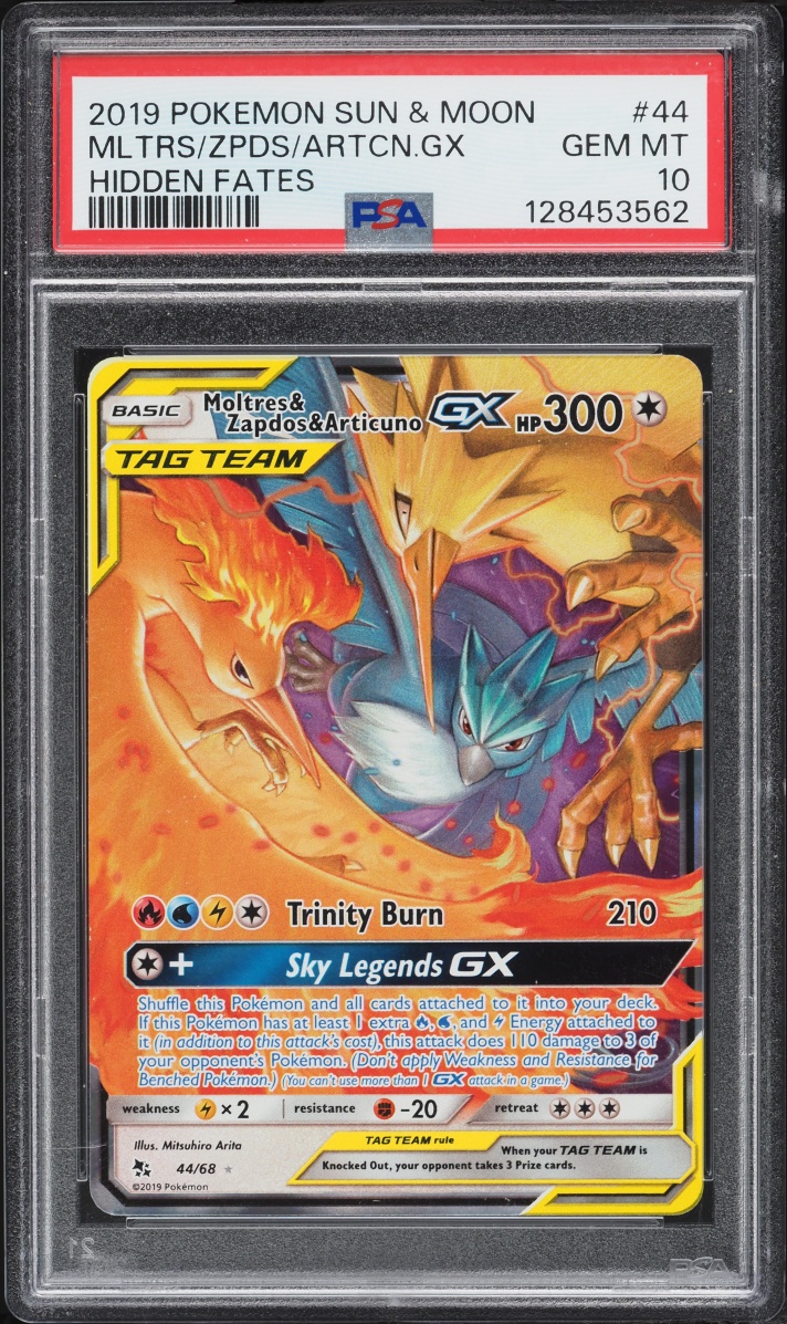 2019 Pokemon Sun & Moon Hidden Fates Holo Moltres & Zapdos & Articuno GX #44 PSA 10 GEM MINT