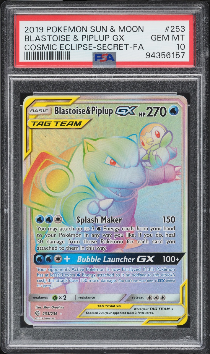 2019 Pokemon Sun & Moon Cosmic Eclipse Rainbow Rare Blastoise & Piplup GX #253 PSA 10 GEM MINT