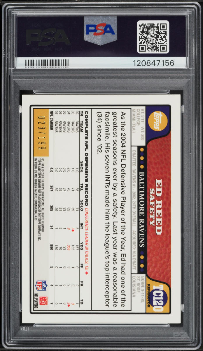 2008 Topps Chrome Gold Refractor Ed Reed /199 #TC120 PSA 9 MINT
