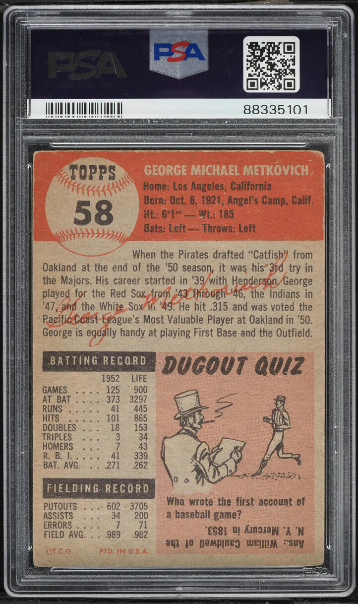 1953 Topps George Metkovich #58 PSA 2 GD