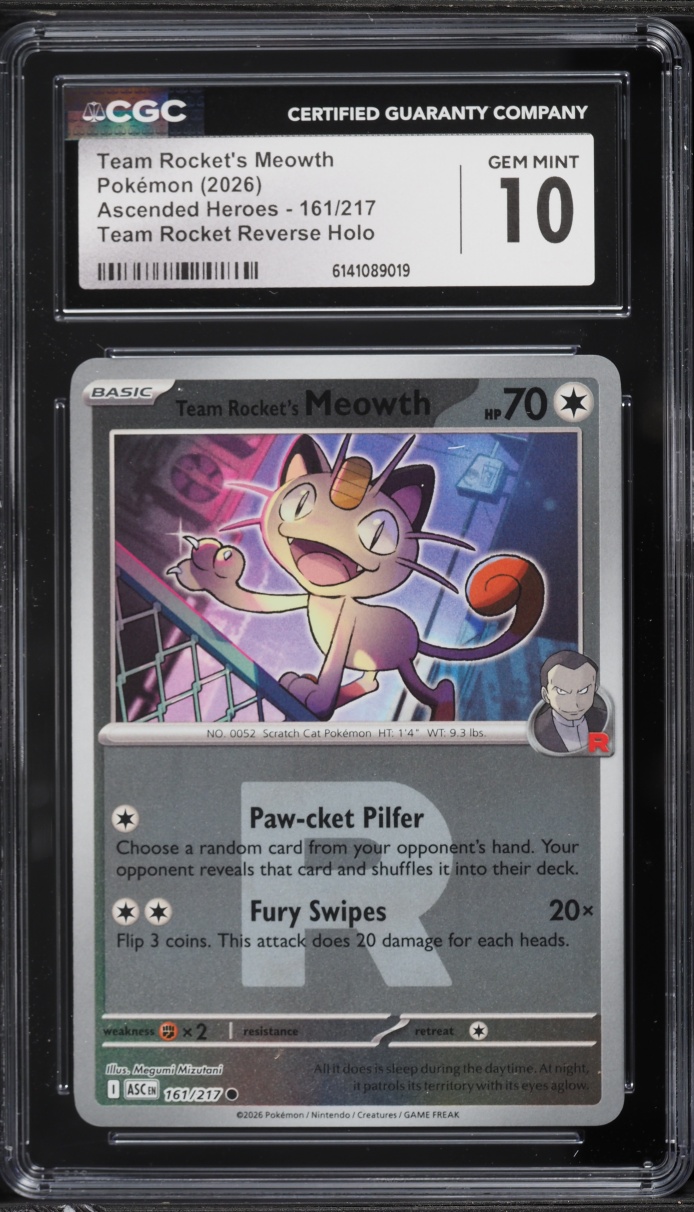 2026 Pokemon Mega Ascended Heroes Team Rocket Reverse Holo Team Rocket's Meowth #161 CGC 10 GEM