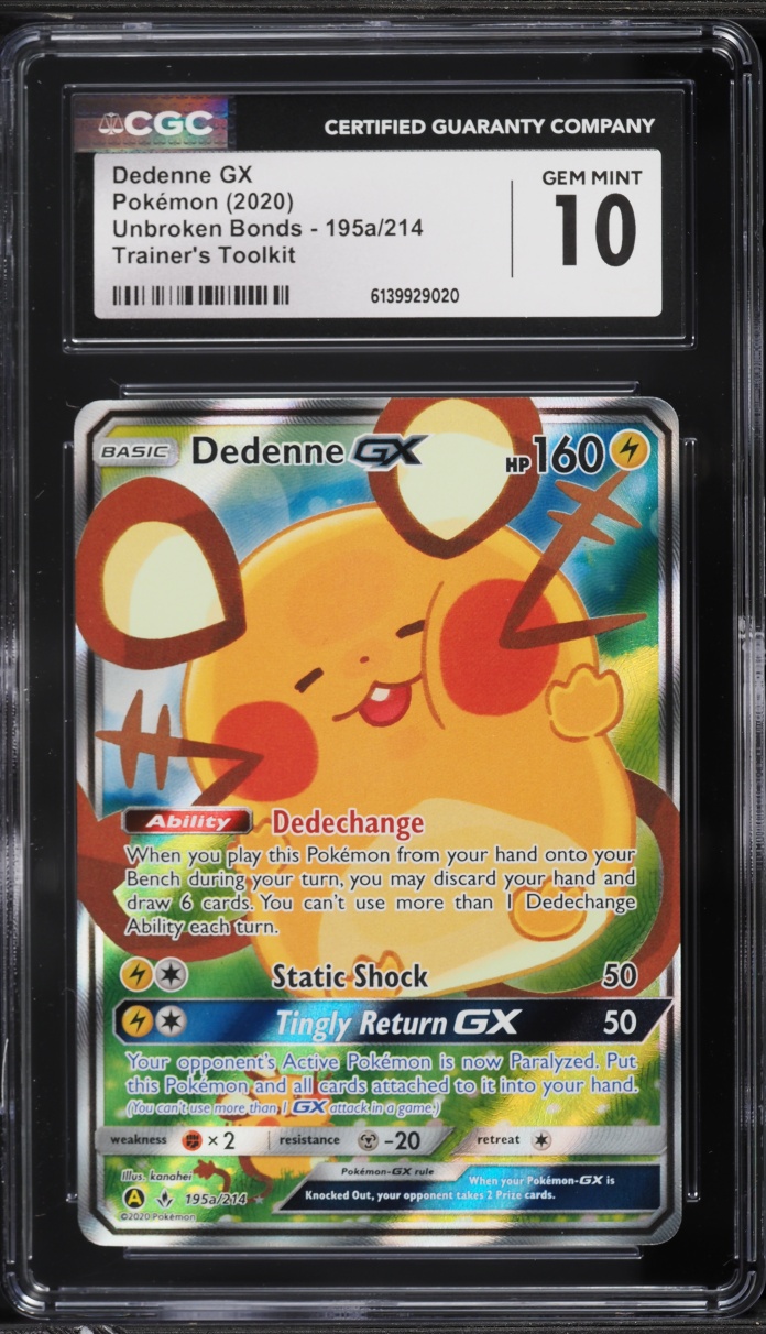 2020 Pokemon SM Unbroken Bonds Trainer's Toolkit Full Art Dedenne GX #195a CGC 10 GEM MINT