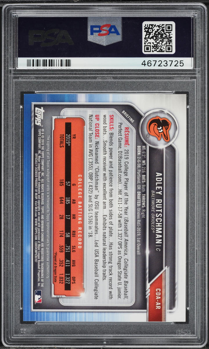 2019 Bowman Chrome Blue Refractor Adley Rutschman PROSPECT AUTO /150 PSA 9 MINT