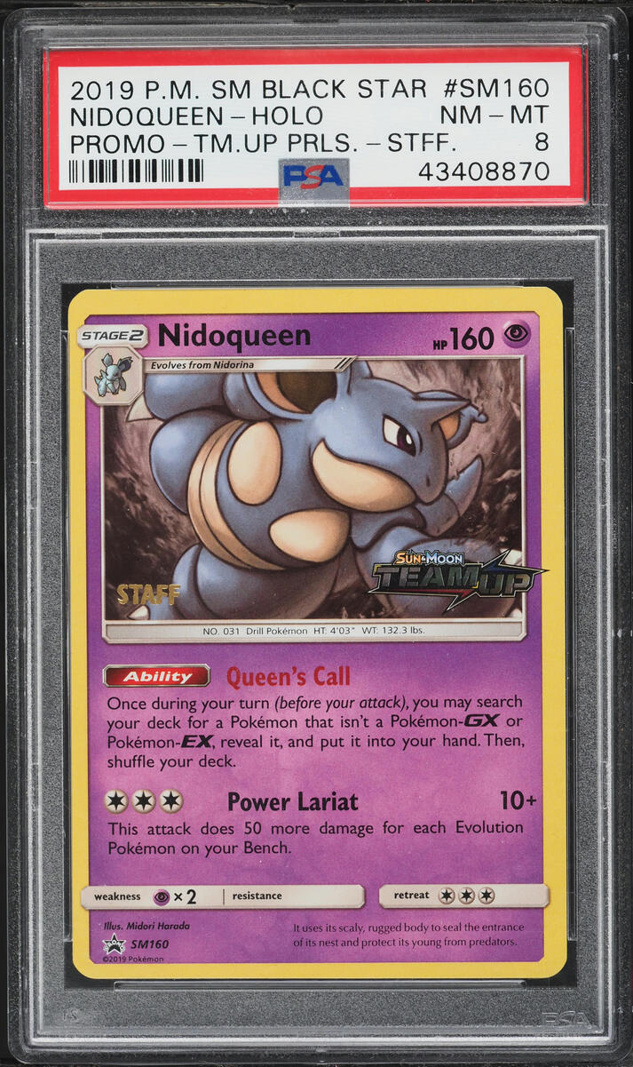 2019 Pokemon SM Black Star Promo Team Up Prerelease Staff Holo Nidoqueen #SM160 PSA 8 NM-MT