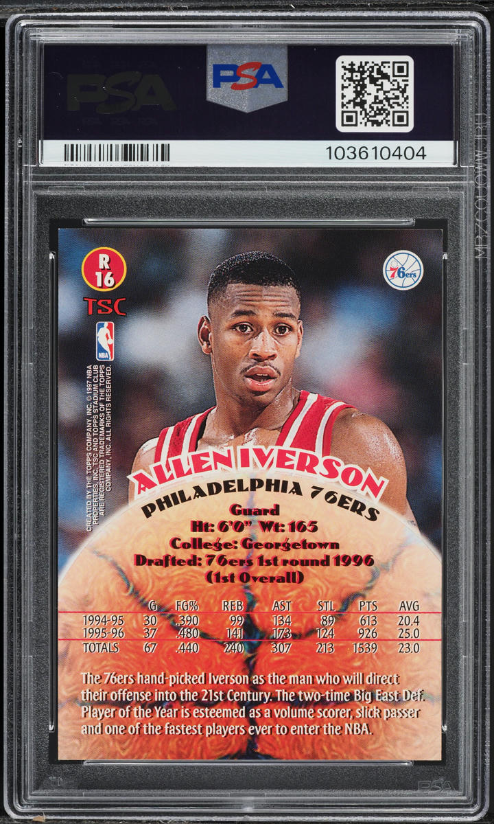 1996 Stadium Club Basketball Allen Iverson ROOKIE #R16 PSA 7 NRMT