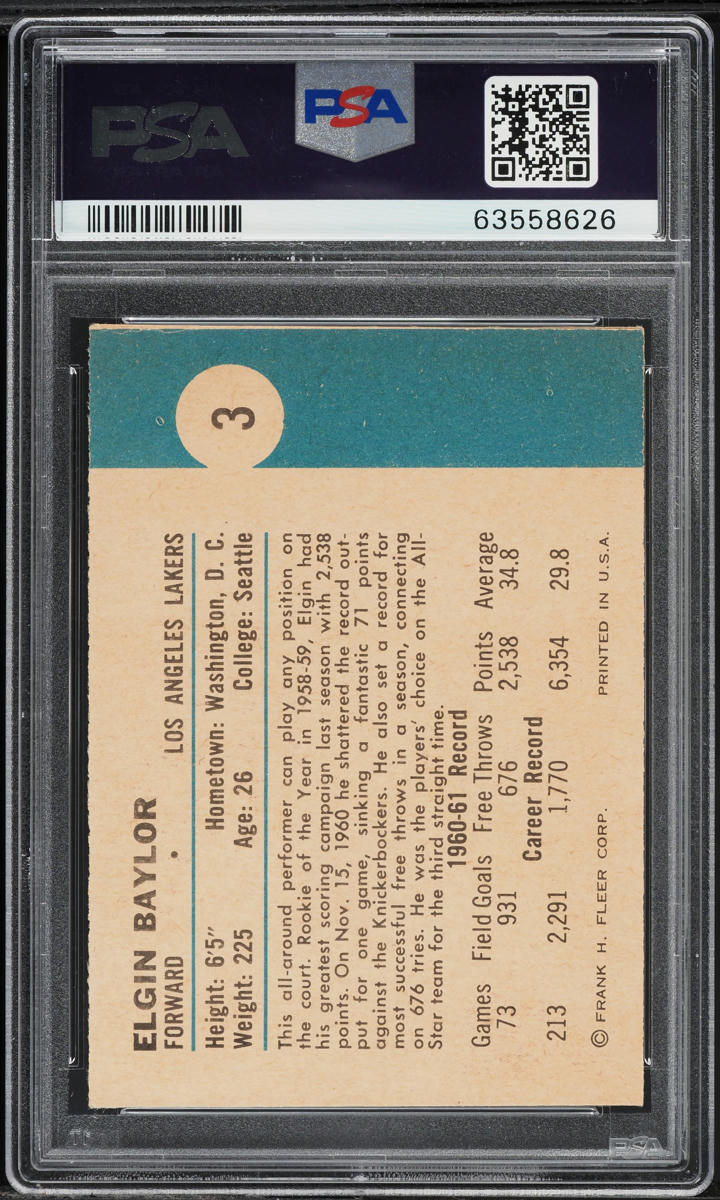 1961 Fleer Basketball Elgin Baylor ROOKIE #3 PSA 6 EXMT