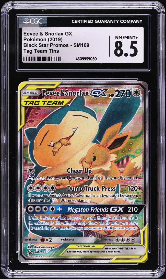 2019 Pokemon SM Promo Tag Team Tin Alt Art Eevee & Snorlax GX #SM169 CGC 8.5