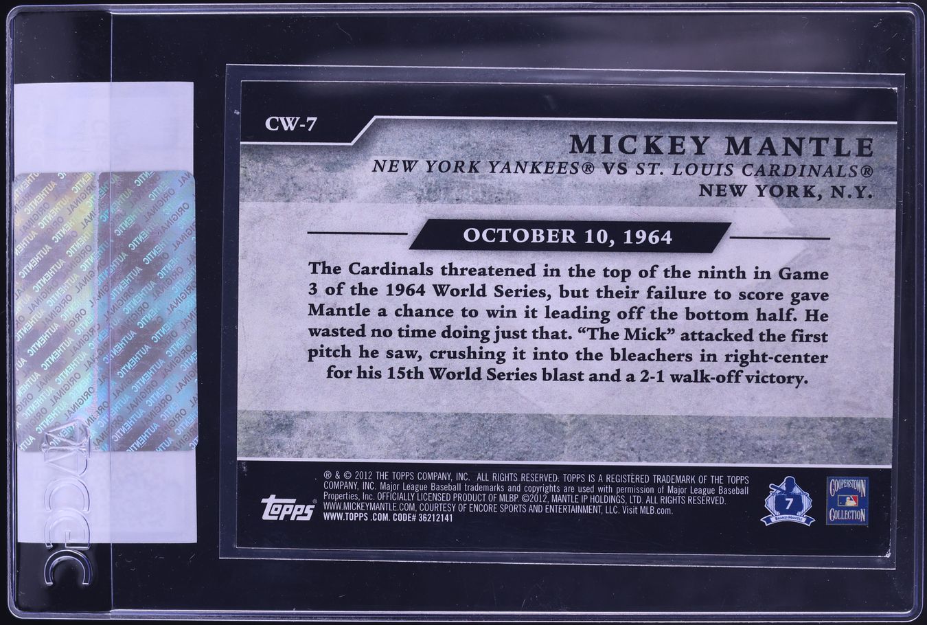 2012 Topps Classic Walk-Offs Mickey Mantle #CW-7 CGC AUTH