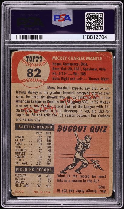 1953 Topps Mickey Mantle SHORT PRINT AUTO DNA 9 #82 PSA 1 PR