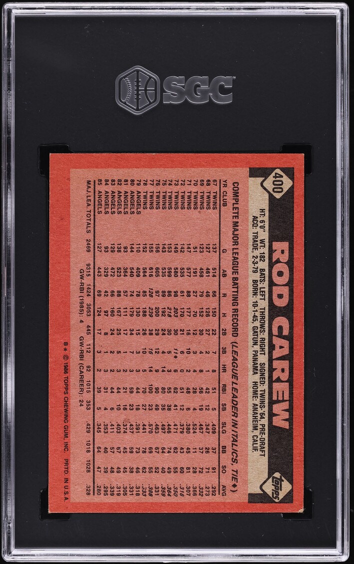 1986 Topps Rod Carew #400 SGC 6 EXMT