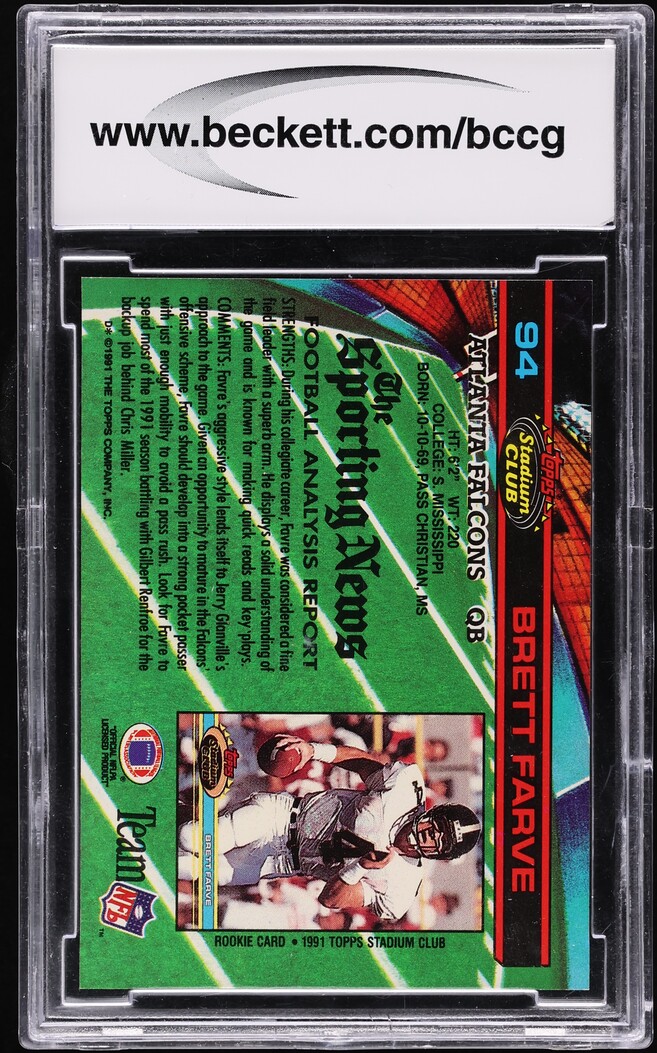 1991 Stadium Club Football Brett Favre ROOKIE #94 BCCG 10