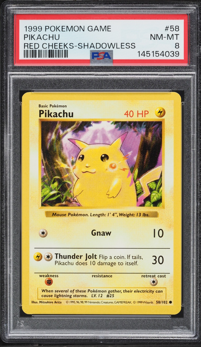1999 Pokemon Base Set Shadowless Red Cheeks Pikachu #58 PSA 8 NM-MT