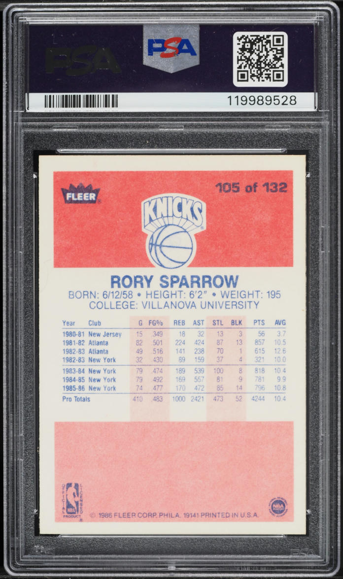 1986 Fleer Basketball Rory Sparrow #105 PSA 4 VGEX