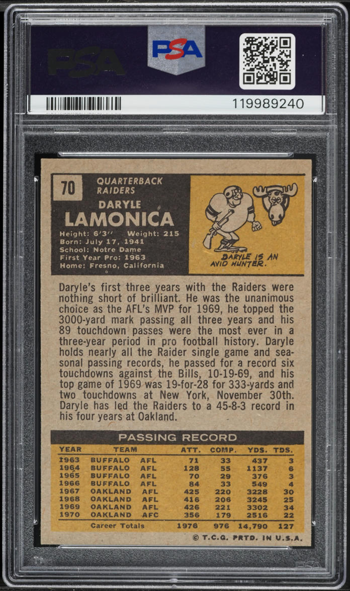 1971 Topps Football Daryle Lamonica #70 PSA 4 VGEX