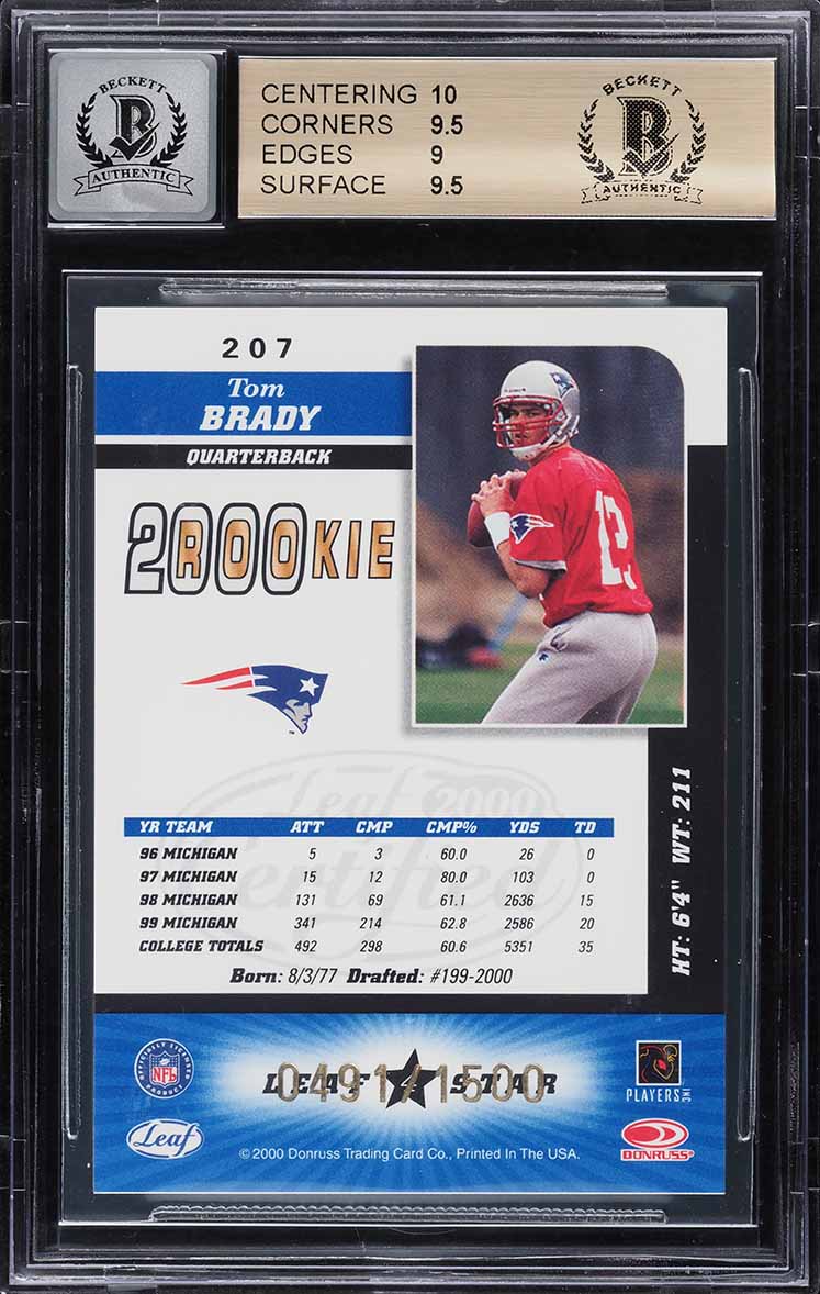 2000 Leaf Certified Tom Brady ROOKIE /1500 #207 BGS 9.5 GEM MINT